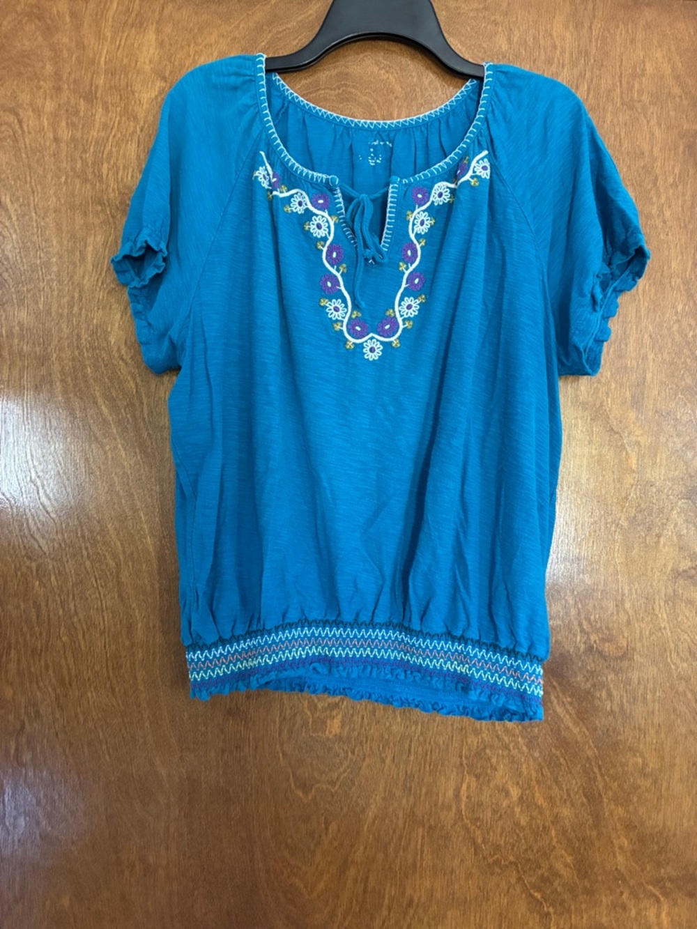 Westbound Teal Short Sleeve Embroidered Peasant Top